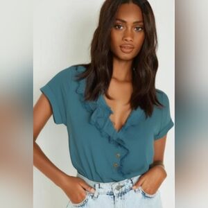 NWT Anthropologie Pilcro Short Sleeved Teal Blue Ruffle Top